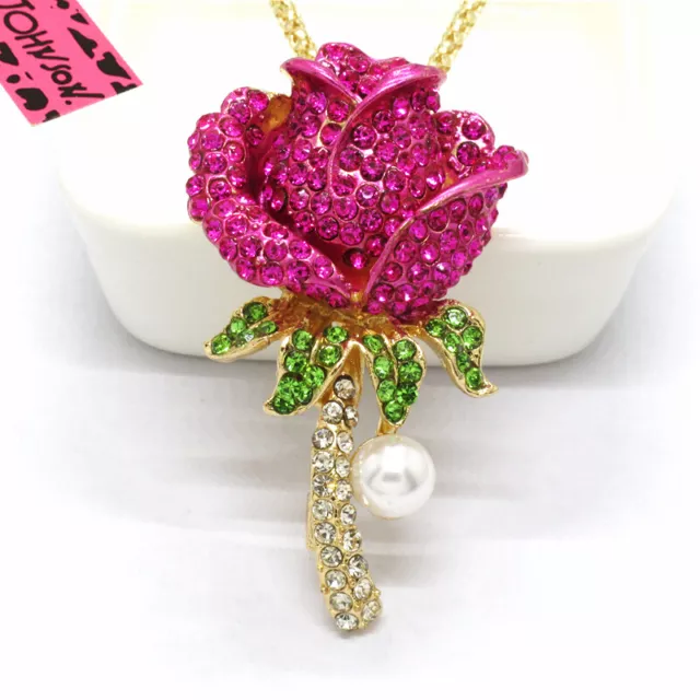 Fashion Women Rose Lovely Rose Pearl Crystal Pendant Chain Necklace Sweater Gift