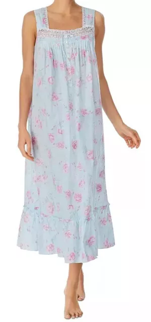 New $74 Eileen West Pink/Aqua Floral Sleeveless COTTON LAWN  Ballet Nightgown L