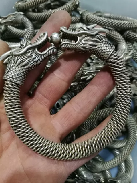 Collected China Tibetan silver Carved Double headed Dragon Silver Bracelet