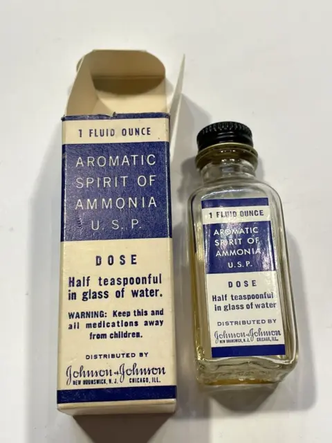 Vintage Johnson & Johnson Aromatic Spirit of Ammonia Bottle and Box Empty 1 oz