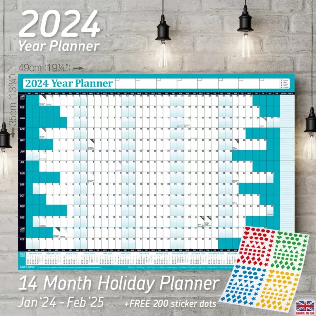 2024 UK Unmounted A1 Annual Yearly Wall Planner 84cm Office Year