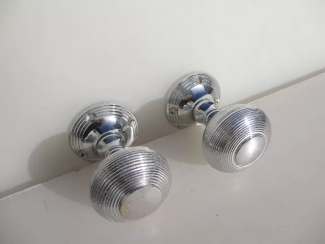Retro Chromed Brass Beehive Door Knobs Handles Reeded Plates Antique STYLE