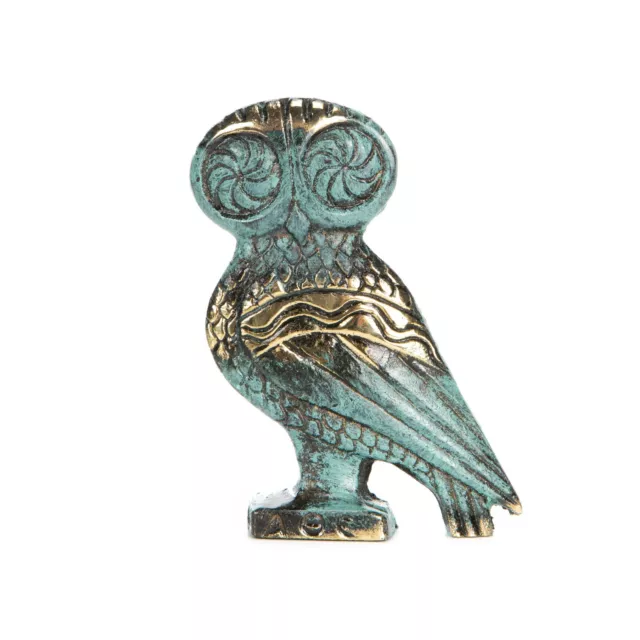 Owl of Athena Wisdom Bronze sculpture Ancient Greek Green-Gold Handmade 9 cm 3.5