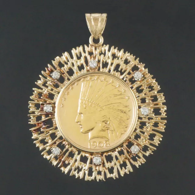 1908 US $10 Dollar Indian Head .999 Fine Gold Coin in 14K Gold, Diamond Pendant