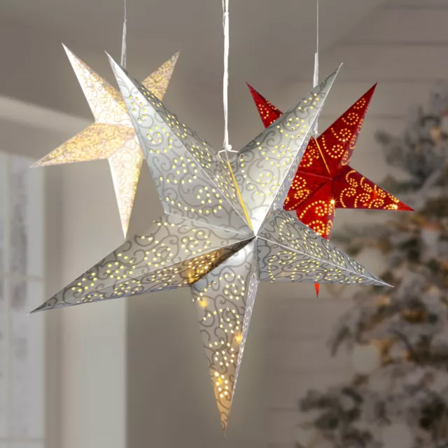 LED Papierstern Weihnachtsstern Faltstern hängend 15 LED D:60cm Batterie silber