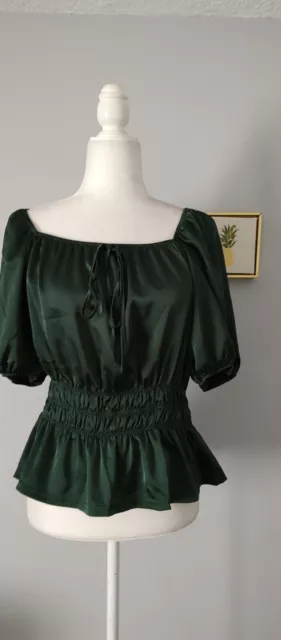 Flower and Feather  Blouse Color  Green  Elastic   Size Large Satin  Good Condit