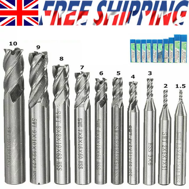 10x Tungsten Carbide 4 Flutes HSS End Milling Cutter Slot Drill Bit Set 1.5-10mm