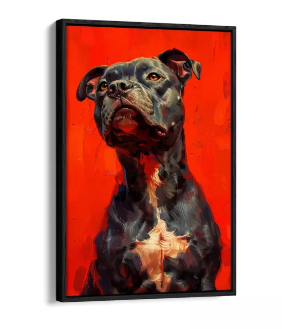 Pitbull Dog Portrait Painting -Float Effect Framed Canvas Wall Art Print