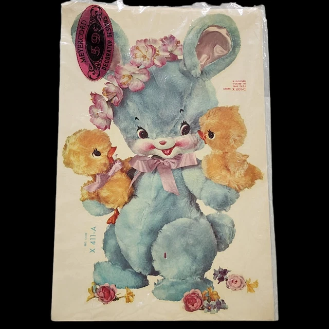 "Calcomanía de colección Meyercord conejo azul patitos amarillos 411-A artesanía 14"