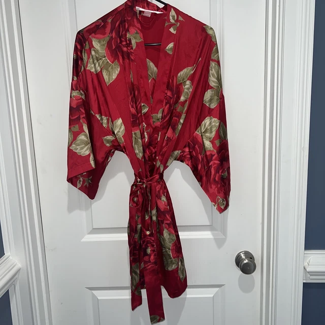 Victorias Secret Red Satin Floral Bathrobe Robe Lingerie One size fits all