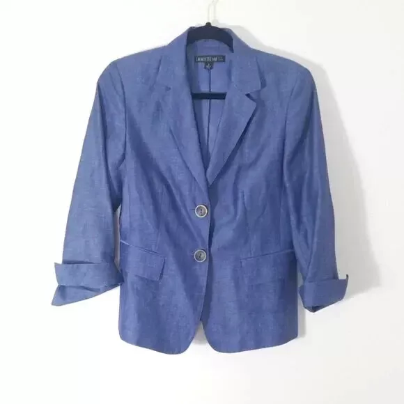 Lafayette 148 Blue Linen Wool Blend Blazer 3/4 Sleeves Two Button 6