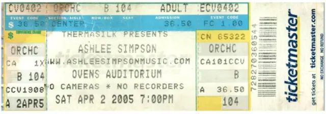 Ashlee Simpson Ticket Stub Aprile 2 2005 Charlotte North Carolina