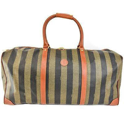 FENDI: Brown "Pequin Stripe" & Cognac Leather "FF" Duffel/Weekender Bag (vp)