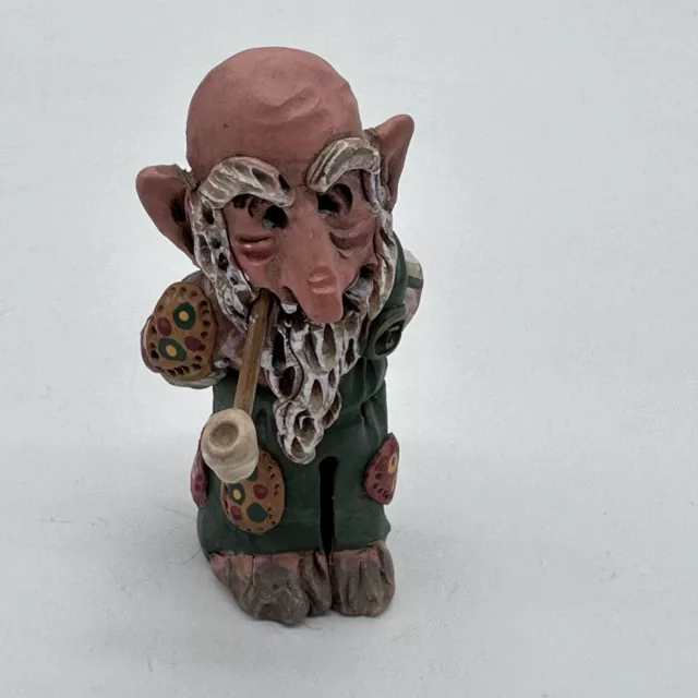 Pottery Clay Handmade Fantasy Old Man Gnome With Pipe Figurine Artist Signed