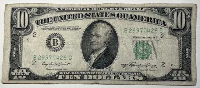 1950 A $10 Ten Dollar Bill Federal Reserve Note  New York Vintage Old Currency