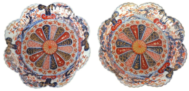 Pair Japanese MEIJI Period 19th C. 11 Inch Scalloped Low Bowls