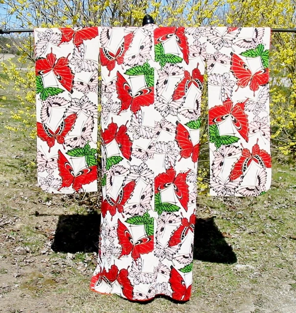 Gorgeous Vintage Silk KIMONO Furisode Formal Red Green Gold Butterflies