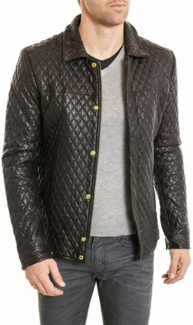 Men's Fully Quilted Lambskin Real Leather Motorcycle Jacket Black Biker Jacket