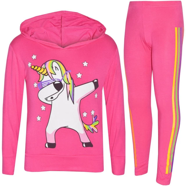 Kids Girls Tracksuit Xmas Unicorn Rainbow Dab Floss Pink Top Legging  Set