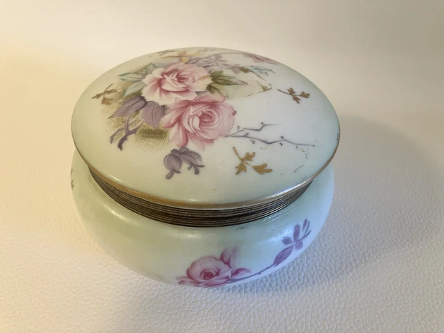 Lefton Heritage Green Victorian Roses Brass Collared Lidded 2.75" Trinket Box