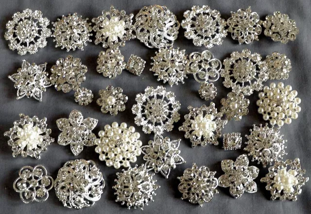50 Assorted Rhinestone Button Brooch Embellishment Pearl Crystal Wedding Brooch