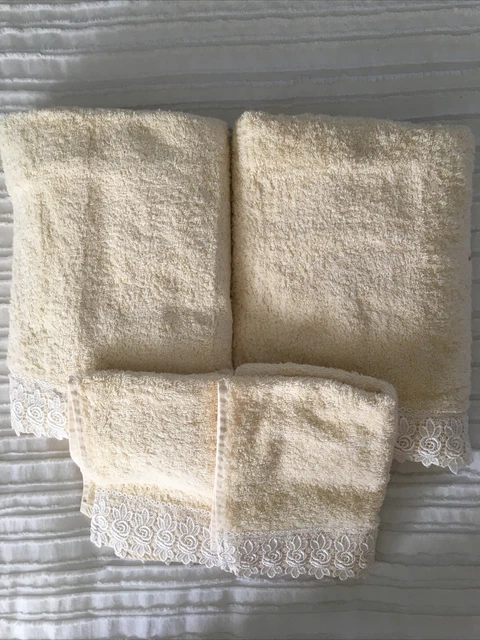 Mumo Decorative Bath And Hand Towels Floral Lace Border 100% Cotton Vintage