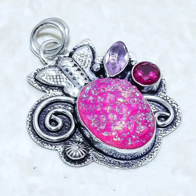 Pink Titanium Druzy, Rubellite Gemstone Silver Jewelry Pendant 1.7" PRJ14374