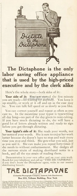 1912 Dictate to the Dictaphone Columbia Phonograph New York Office Appliance Ad