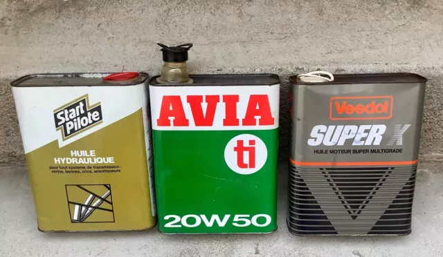 Lot de 3 Anciens BIDONS HUILE en MÉTAL Marques AVIA - VEEDOL - START PILOTE 3