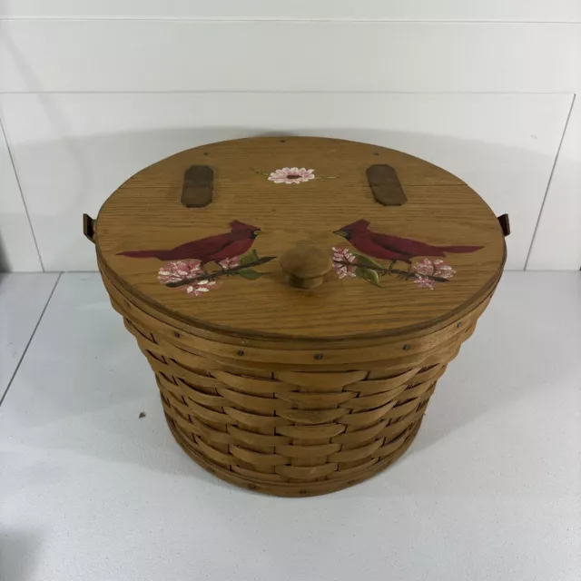 Longaberger 1984 Handwoven Picnic Basket 13”x8.5” Hand painted Cardinals