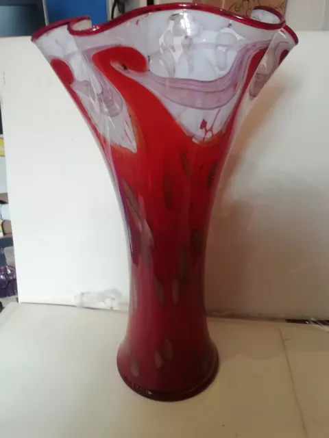 Tall Vintage Murano Style Glass Red/White Vase With Gold Inclusions ( 14" Tall)