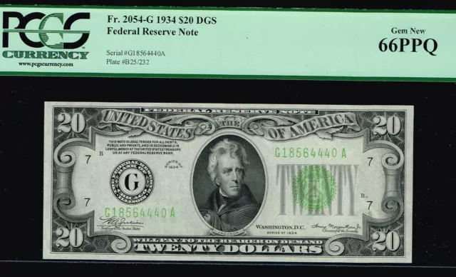 TOP POP Note. Dark Green Seal. $20 1934 Chicago DGS FRN. PCGS 66 PPQ.
