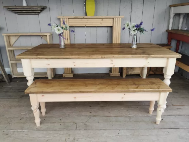 farmhouse dinning table rustic reclaimed 6ft and 5ft bench plank top unpainted