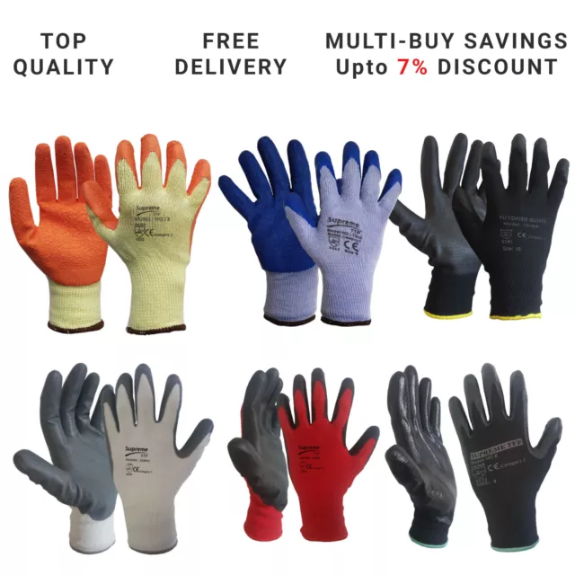 12 Pairs Latex, PU or Nitrile Coated Work Gloves Grip Builders Gardening New