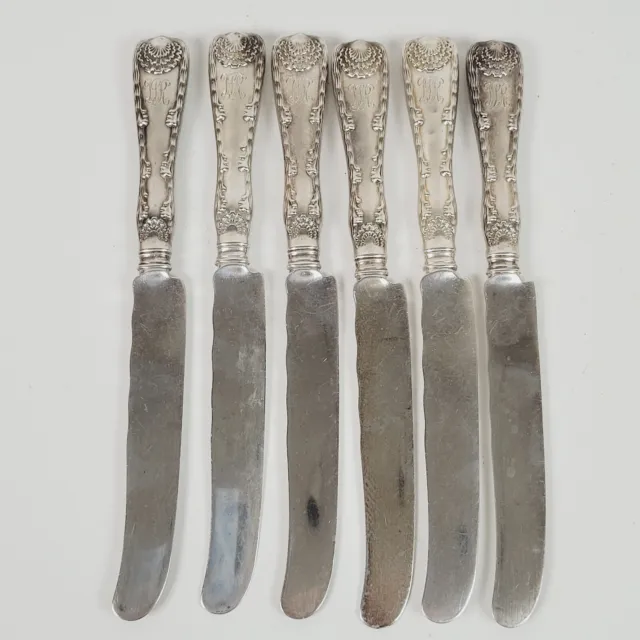 ANTIQUE 6x TIFFANY & CO. WAVE EDGE 7.5" LUNCHEON KNIFE STERLING SILVER BLADES