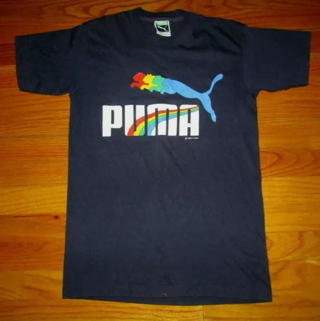 Original AUTHENTIC Vintage 1980s 1983 PUMA Rainbow shoes soccer t shirt S/XS