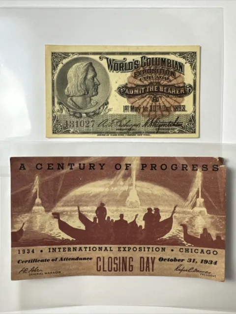 Lot of 2 - 1893 World's Columbian Exposition Ticket Chicago, Columbus Portrait