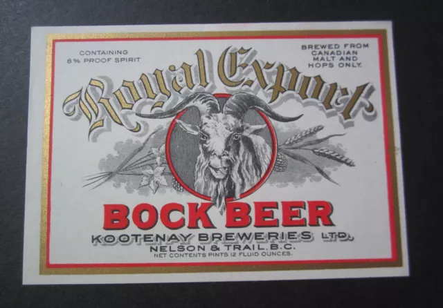 Old Vintage - Royal Export BOCK BEER - Kootenay Breweries - LABEL - B.C.