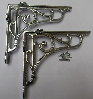 7" PAIR OF CHROME ON IRON  Victorian scroll ornate shelf support wall brackets