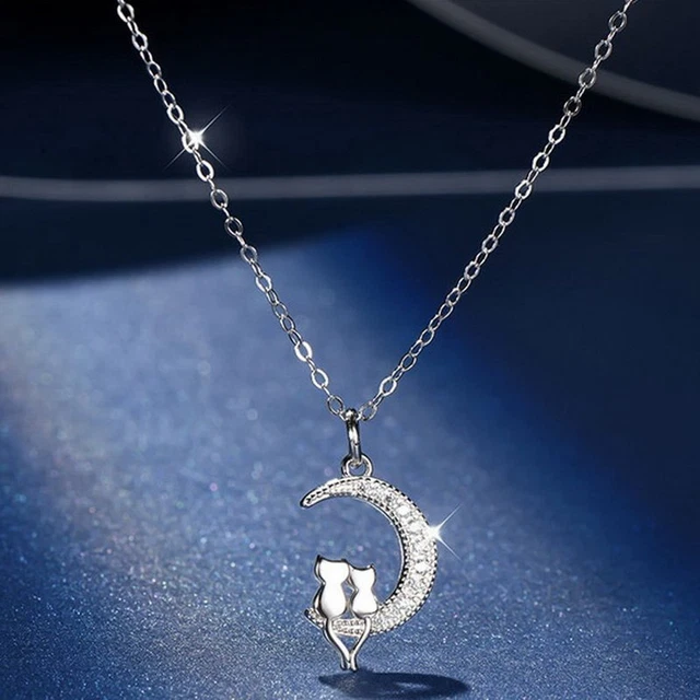 New Cat Moon Pendant Necklace 925 Silver Clavicle Chain Womens Jewellery Gift