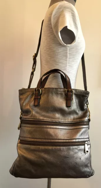 Fossil Explorer Leather Tote SILVER Foldover Messenger Bag  Key