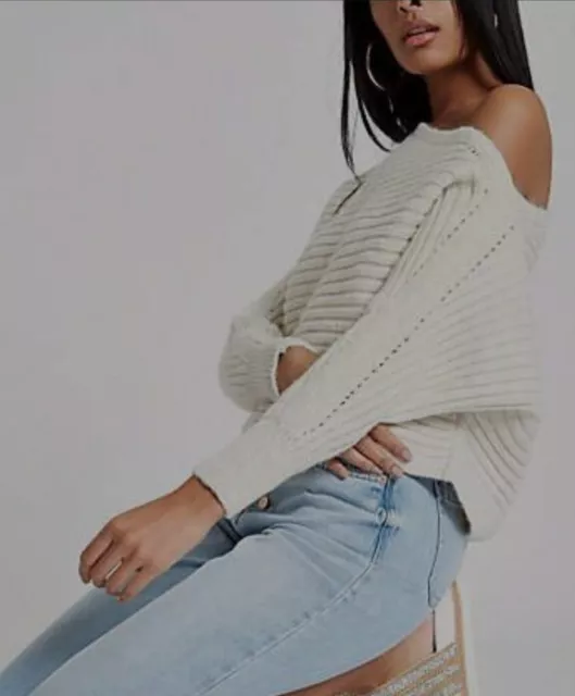 NWT River Island Cream Sweater Jumper Bat Wing Sz M 12 14 One Shoulder