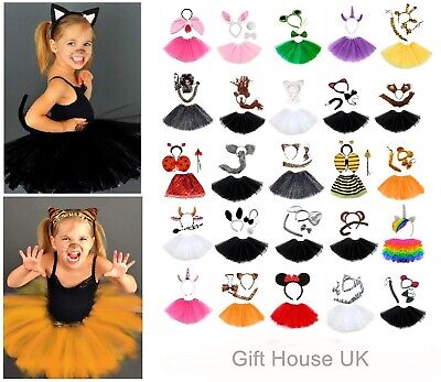 Kids Girls Animal Costume Ears Tail Tutu Set Headband Bow Play Drama Fancy Dress