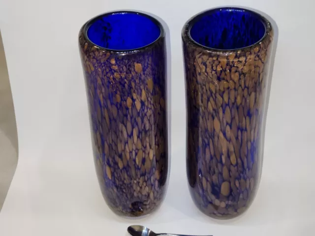 PAIR HAND MADE ART GLASS VASES WEIGHING OVER 5kg & 30cm HIGH EACH. UNSIGNED, 2