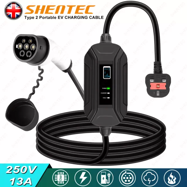 Type 2 EV Charging Cable UK Plug 3 Pin Electric Vehicle Car Charger Protable 13A