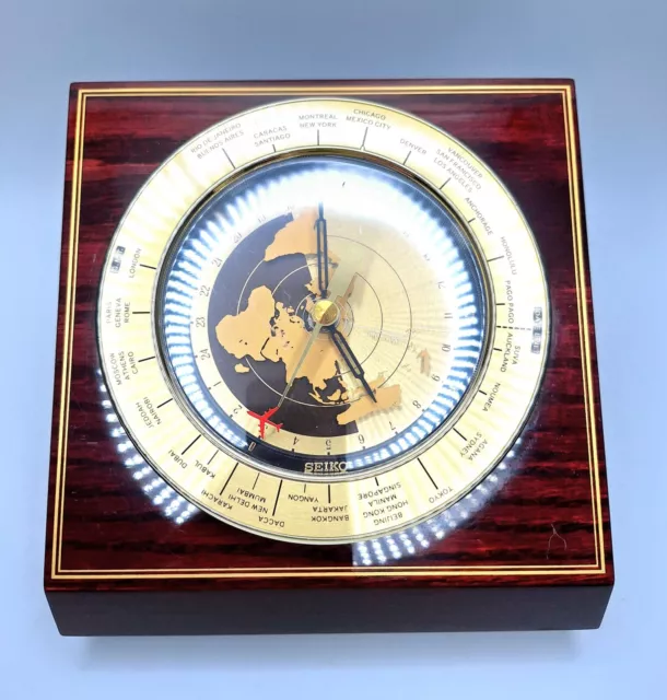 Seiko Quartz World Time Date Line Desk Clock Tested & Works Airplane Second Hand