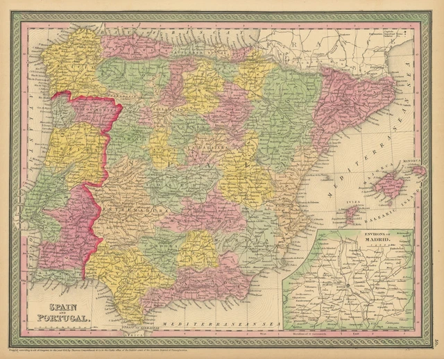 Spain and Portugal. Iberia. THOMAS, COWPERTHWAIT 1852 old antique map chart