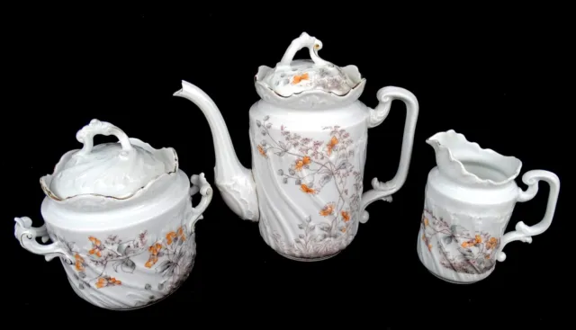 Haviland Antique Old Paris Porcelain 3 Pc Coffee Pot Sugar Bowl Creamer Set 1853