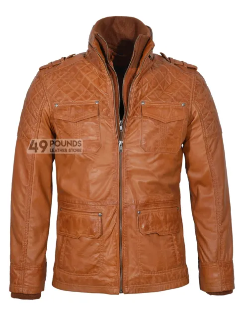 Men's Tan Quilted Jacket Safari Designer Real Lambskin Leather Fashion Jacket