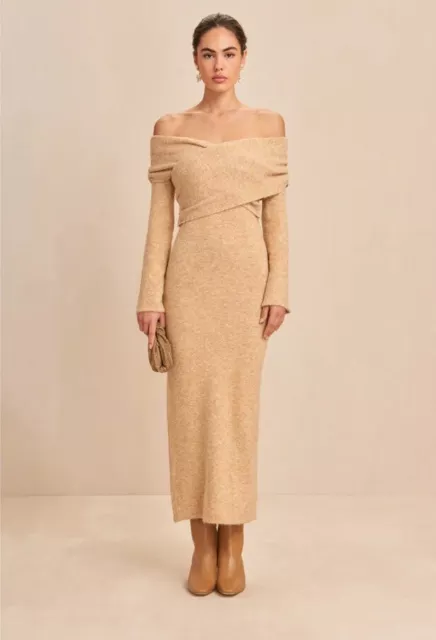 Cult Gaia Zennie Knit Midi Dress Tan Tawn Melange Wrap Shoulders Sz Small